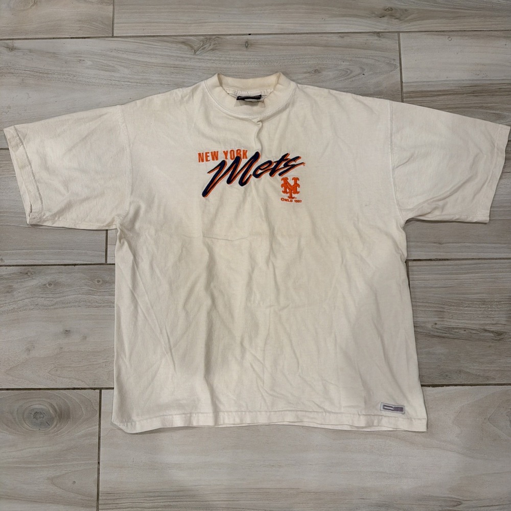Vintage 90s New York Mets MLB Baseball Cream T-shirt Large Embroidered L